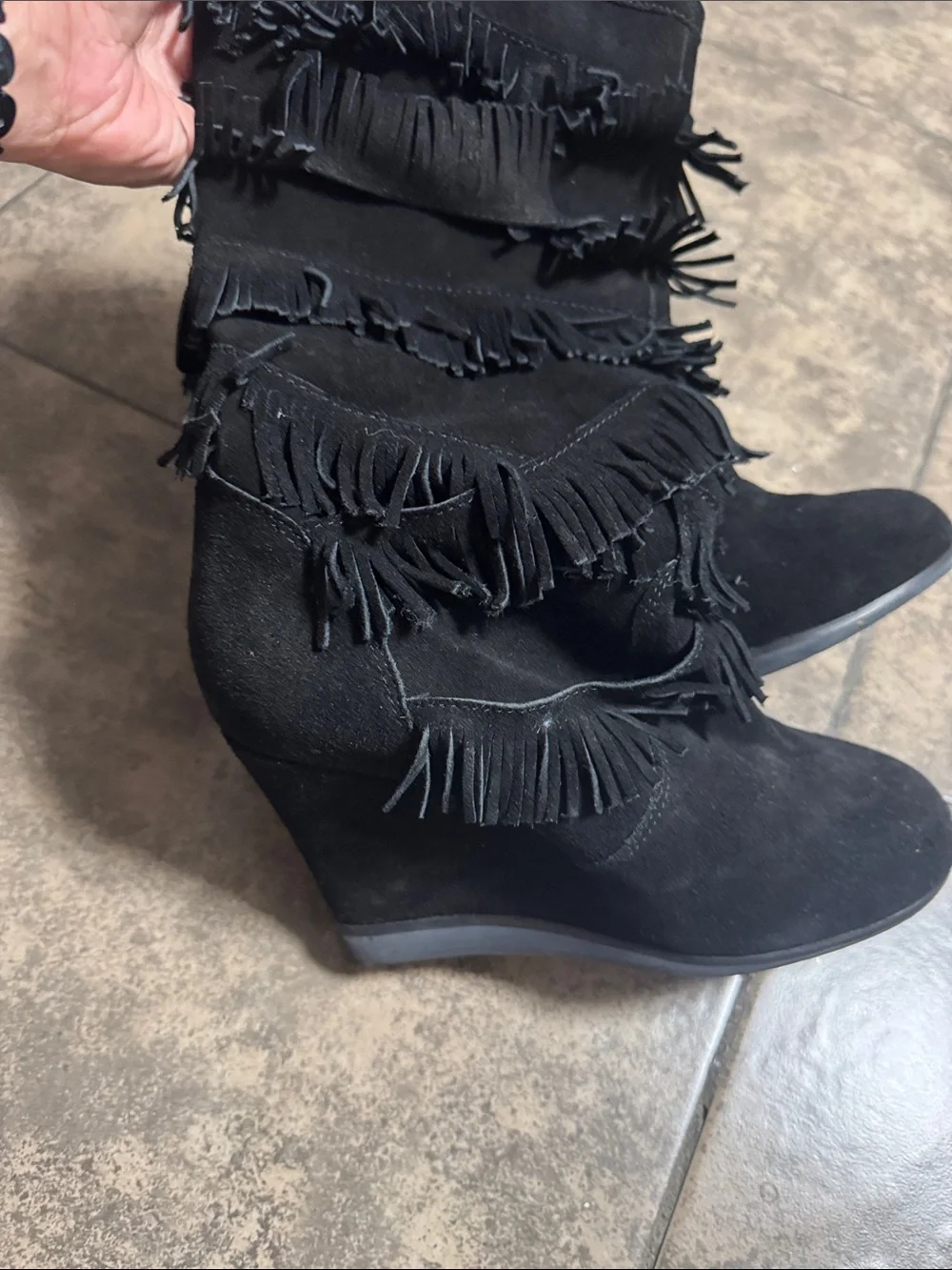 Black Fringe Suede Wedge Boots - Women's Stylish Mid-Calf